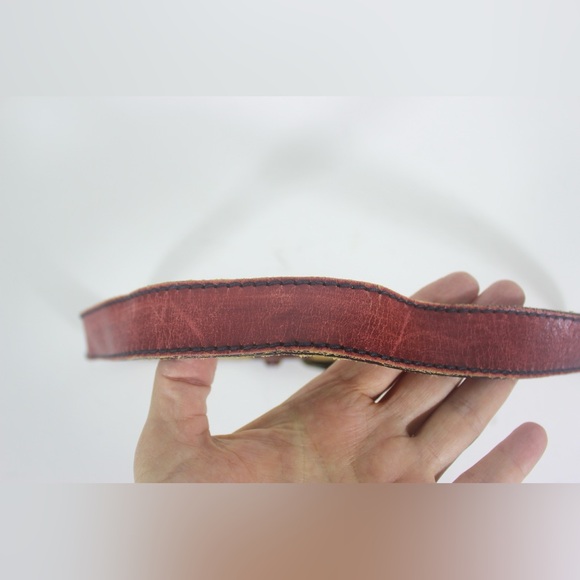 Vintage Red Leather Belt with Gold Statement Buckle Made in USA Black Topstitchi - Picture 7 of 10